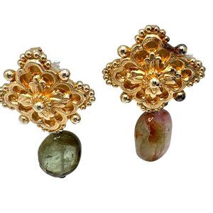 Stephen Dweck Vermeil Sterling Silver Vtg Clip-On Earrings Gemstone Floral